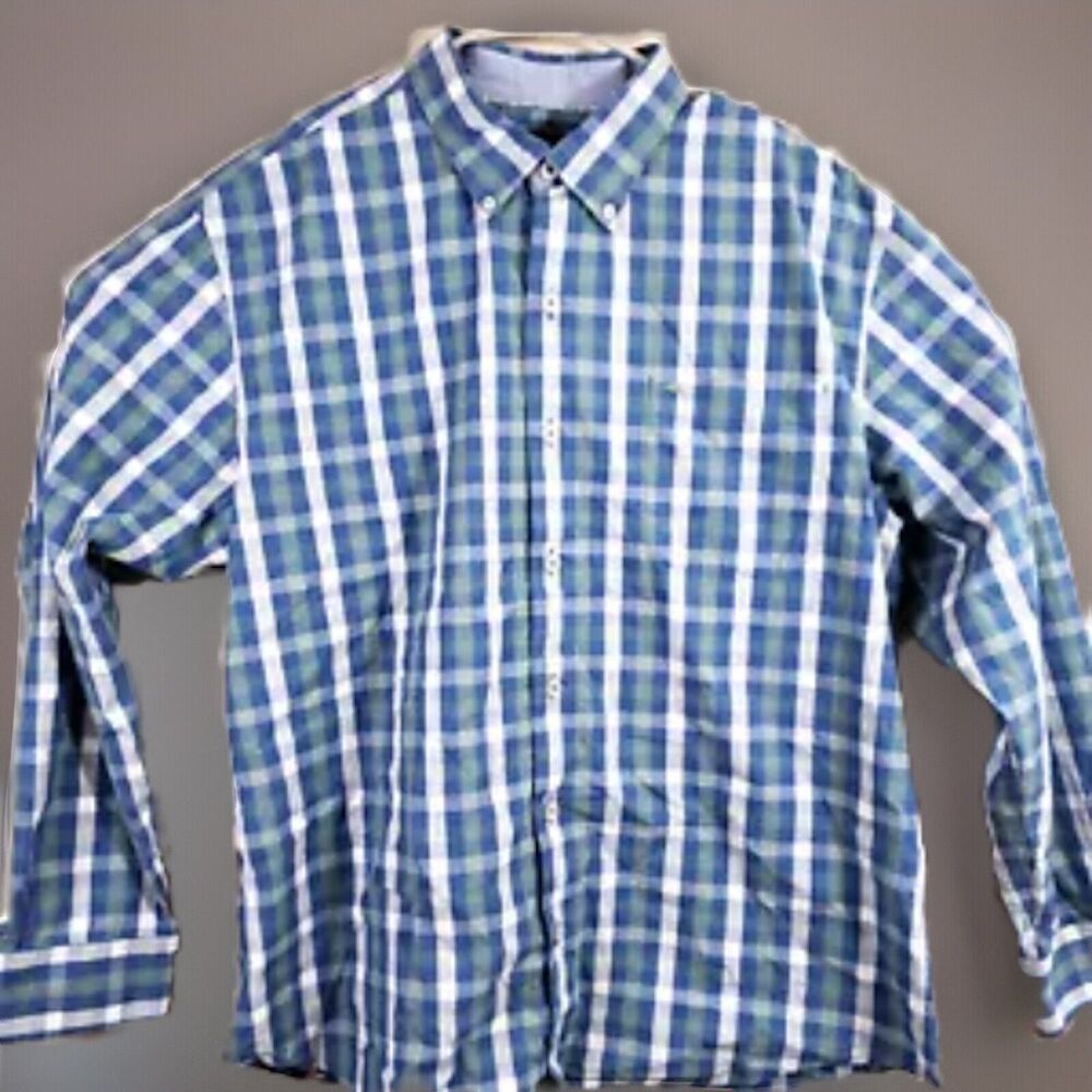 Tommy Bahama Shirt Mens XL Blue Green Plaid Hidden Collar Buttons Pima Cotton